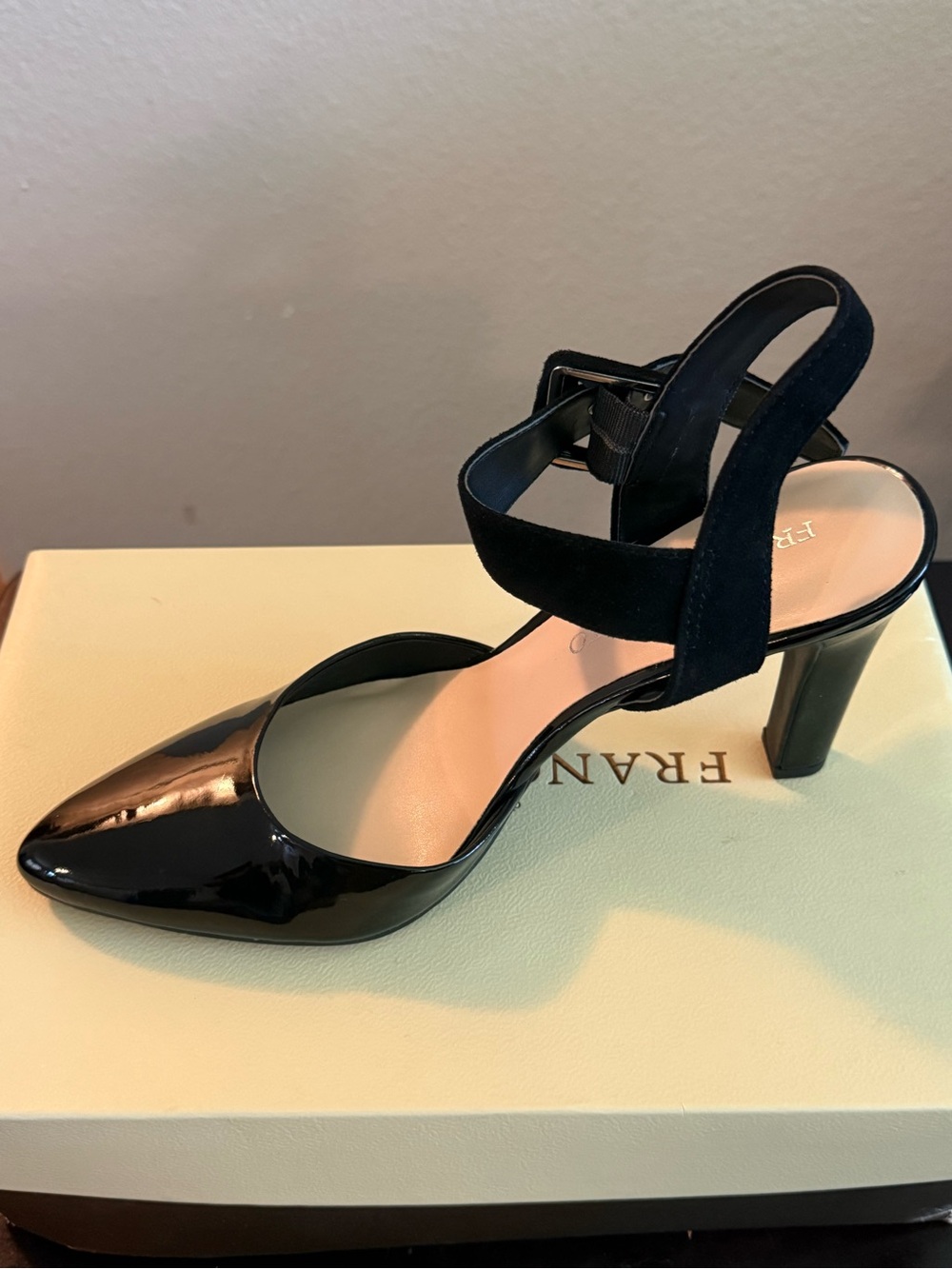 Franco Sarto Black Patent Pointed-Toe Ankle-Strap Heel